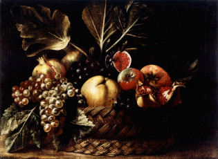обоя рисованные, еда, виноград, гранат, корзина, фрукты