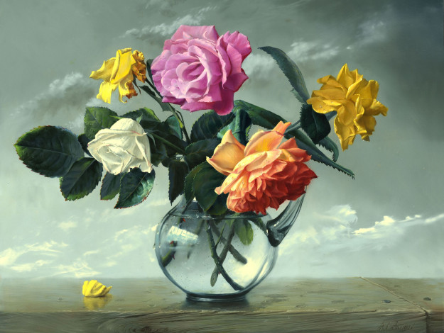 Обои картинки фото alexei, antonov, рисованные, алексей, антонов, роза, ваза, букет