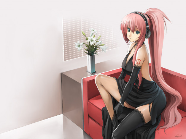 Обои картинки фото аниме, vocaloid, цветы, девушка, розовая, диван