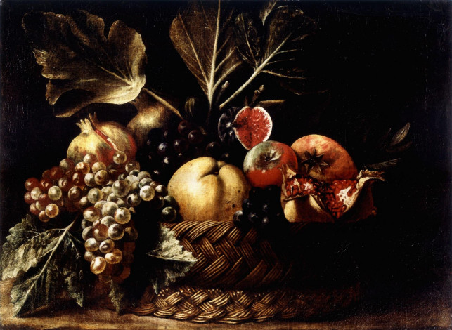 Обои картинки фото рисованные, еда, виноград, гранат, корзина, фрукты