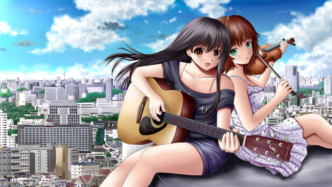 Обои картинки фото аниме, headphones, instrumental, скрипка, гитара, город, девочки
