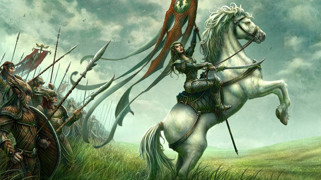 Обои картинки фото фэнтези, эльфы, доспехи, воины, атака, конь