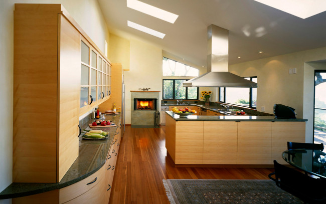 Обои картинки фото интерьер, кухня, квартира, дизайн, стиль, еда, овощи, фрукты, огонь, камин