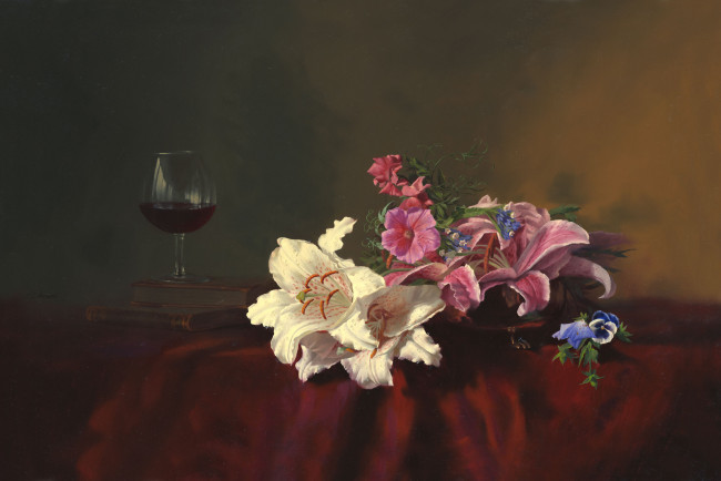 Обои картинки фото alexei, antonov, рисованные, алексей, антонов, лилия, бокал, вино