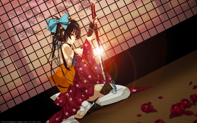 Обои картинки фото refeia, mangaka, аниме, weapon, blood, technology, девушка, меч, кимоно, цветы