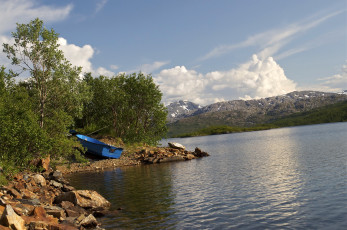 Картинка hansnes++норвегия природа реки озера озеро норвегия norway hansnes побережье лодка