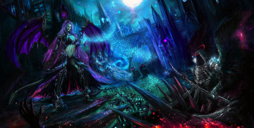 Картинка фэнтези демоны капюшон демон мертвецы свет луна ночь крылья женщина aria битва