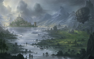 Картинка фэнтези иные+миры +иные+времена арт замок горы долина дирижабль река
