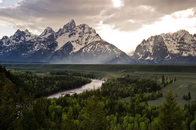 Обои картинки фото grand teton national park, природа, пейзажи, горы, парк, монтана, пейзаж, трава, лес, сша, река