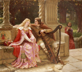 обоя тристан и изольда, рисованное, edmund blair leighton, арфа, поклонник, принцесса, дворец