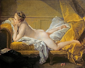Картинка francois+boucher+-+портрет+мадемуазель+луизы+омерфи+в+виде+одалиски рисованное живопись девушка шторы подушка постель