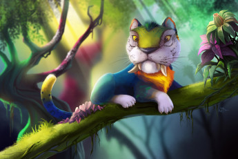 Картинка фэнтези существа дерево ветка кошка хищник дикая клыки