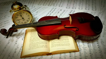 обоя музыка, -музыкальные инструменты, будильник, ноты, скрипка, книга