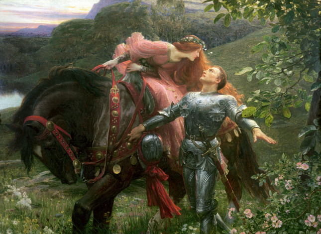 Обои картинки фото безжалостная красавица, рисованное, frank dicksee, кокетство, рыцарь, лошадь, конь, всадница, девушка