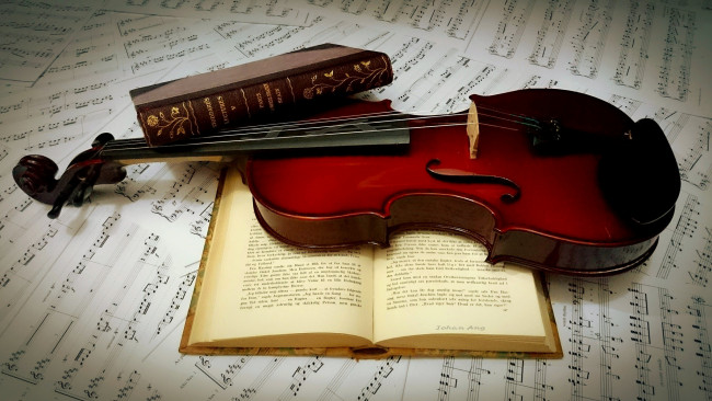 Обои картинки фото музыка, -музыкальные инструменты, ноты, скрипка, книги