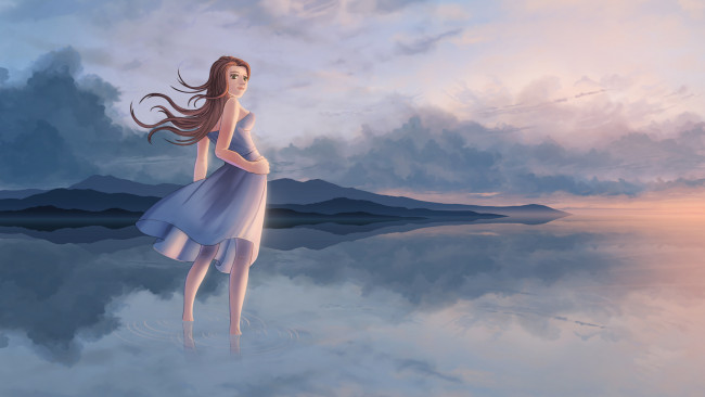 Обои картинки фото рисованное, люди, река, облака, отражение, девушка, ветер, локоны