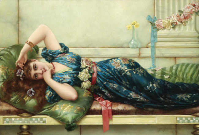 Обои картинки фото emile eisman semenowsky - лежащая одалиска, рисованное, живопись, девушка, цветы, подушки, отдых
