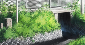 Картинка аниме город +улицы +здания зелень