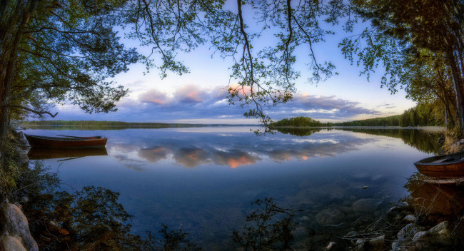 Обои картинки фото корабли, лодки,  шлюпки, финляндия, деревья, закат, озеро