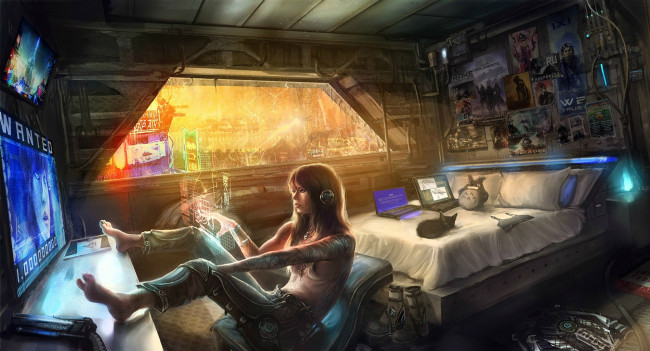 Обои картинки фото фэнтези, девушки, cyberpunk, голограмма, киберпанк, рисунок, девушка, будущее, windows, арт, комната, котенок, art