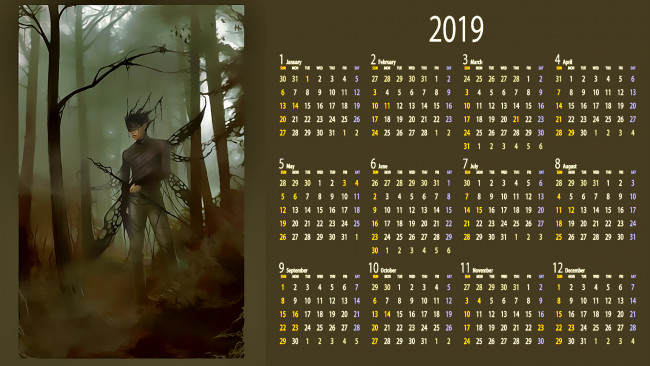Обои картинки фото календари, фэнтези, деревья, крылья, существо, лес