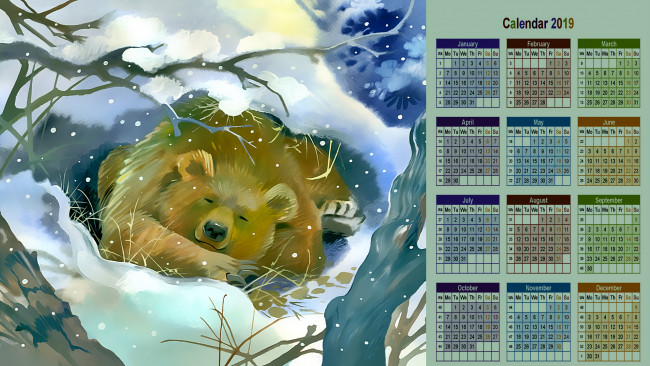 Обои картинки фото календари, рисованные,  векторная графика, зима, спячка, снег, медведь