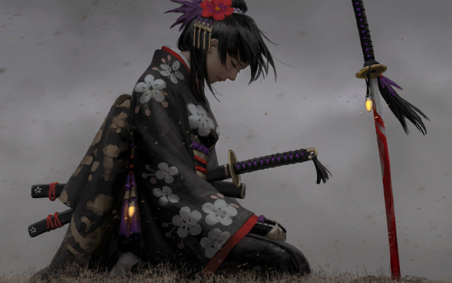 Обои картинки фото фэнтези, девушки, поза, кимоно, оружие, профиль, арт, японка, украшения, девушка, грусть