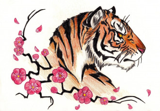 Картинка рисованное животные +тигры тигр голова сакура