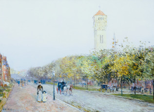 обоя рисованное, frederick childe hassam, бостон, башня, улица, люди, город, деревья