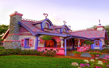 Картинка города здания дома сердечки сказочный розовый цветы домик