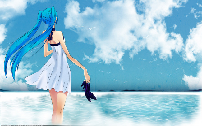 Обои картинки фото аниме, vocaloid, девушка, туфли, небо, птицы, hatsune, miku, море