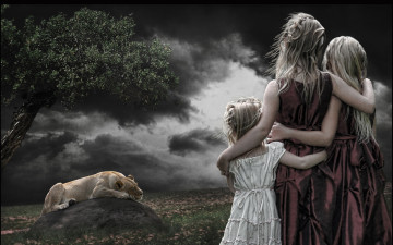 Картинка фэнтези красавицы чудовища дети девочки львица