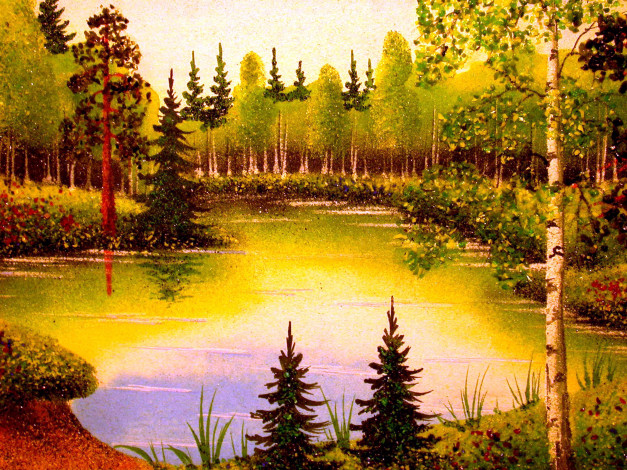 Обои картинки фото каменный, лес, рисованные, природа, деревья, березы, ели, озеро