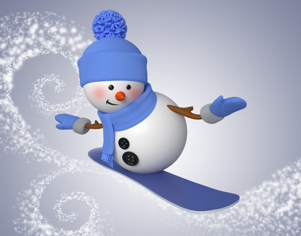 Обои картинки фото праздничные, 3д графика , новый год, snowman, cute, christmas, new, year, снеговик, сноуборд, зима, снег