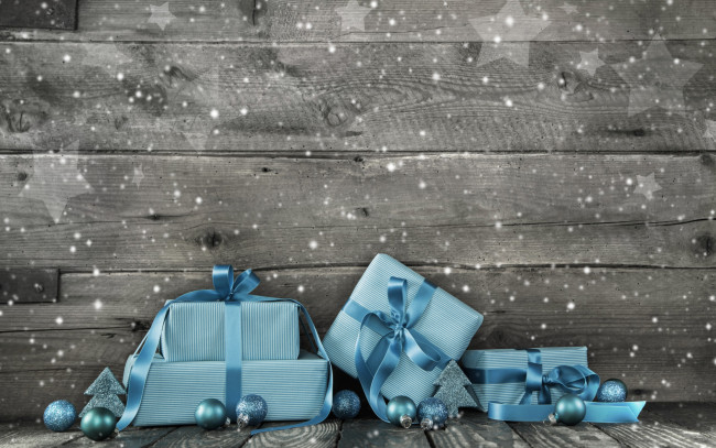 Обои картинки фото праздничные, подарки и коробочки, christmas, gifts, snow, decoration, wood, blue, рождество, новый, год, подарки