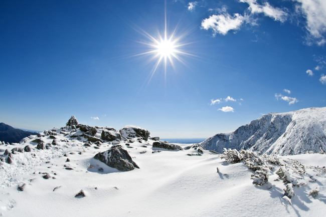 Обои картинки фото природа, зима, солнце, снег, горы
