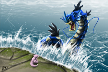 Картинка аниме pokemon slowpoke покемон волны монстр берег вода gyarados