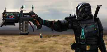 Картинка фэнтези роботы +киборги +механизмы меч пустыня пистолет шлем банка на удачу курит солдат броня хвостик наемник кроличий бутылка сигарета