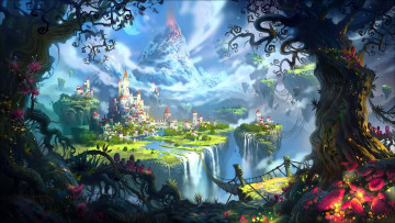 обоя фэнтези, пейзажи, вулкан, волшебство, мост, river, водопад, деревья, город, замок, луна, magic, castle, фантастика, река, fantasy