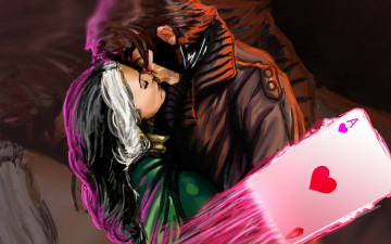 Картинка рисованное комиксы шельма gambit rogue marvel x-men kiss поцелуй двое гамбит