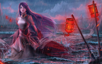 Картинка фэнтези девушки платье фонари арт девушка вода волны взгляд