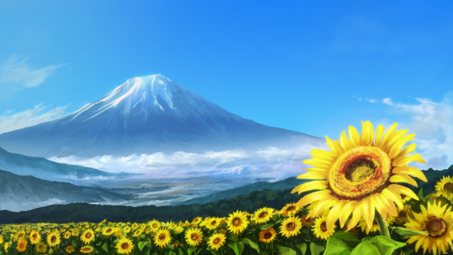 Обои картинки фото рисованное, природа, лето, поле, подсолнухов, вулкан