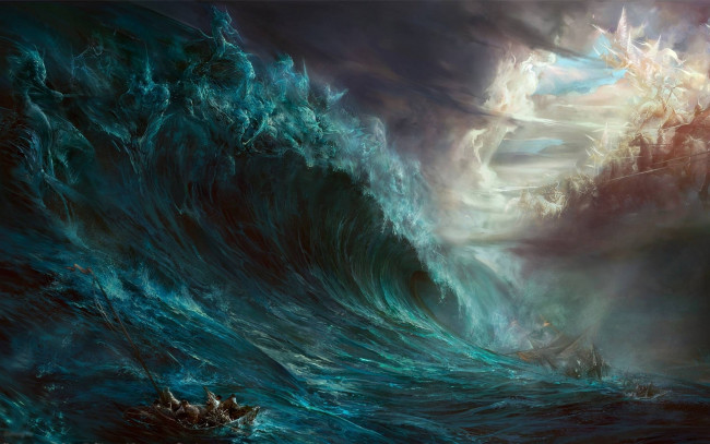 Обои картинки фото фэнтези, призраки, волна, лодка, паника, люди, шторм, скалы