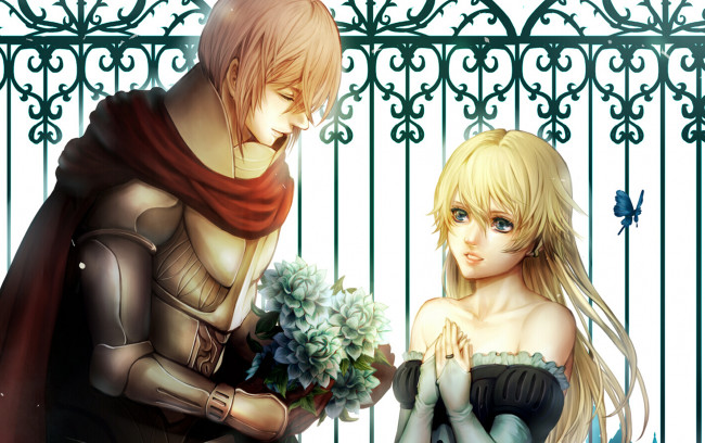 Обои картинки фото аниме, unknown,  другое, рыцарь, девушка, букет, бабочка, влюбленные