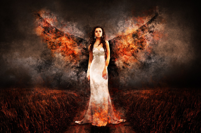 Обои картинки фото фэнтези, фотоарт, огонь, платье, девушка, поле, ночь, стоит, ангел, крылья, angel, of, fire