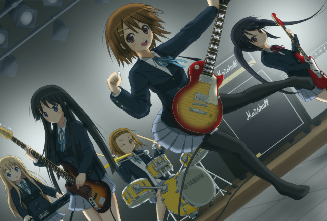 Обои картинки фото аниме, k-on, девушки, взгляд, фон