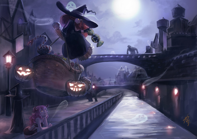 Обои картинки фото аниме, магия,  колдовство,  halloween, река, мосты, змея