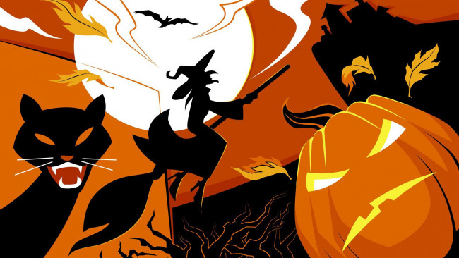 Обои картинки фото праздничные, хэллоуин, halloween, moon, vector, art, spooky, flying, broom, house, scary, black, cats, witch, pumpkin, holiday, bat