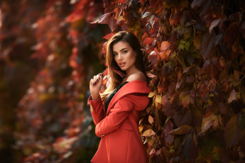 Картинка девушки анастасия+бармина брюнетка модель растения анастасия бармина осень красное пальто женщины на открытом воздухе листья
