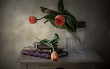 Картинка цветы тюльпаны книги ваза